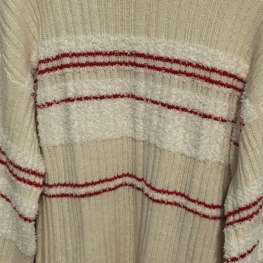Urban Outfitters Snuggle Up Striped Pullover Sweater Sz XS Cream Red Cozy Fuz…